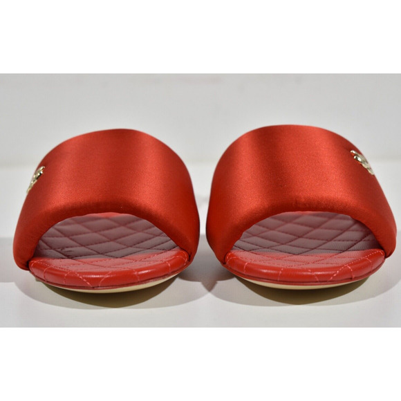 Chanel 22P Red Satin CC Gold Logo Quilted Leather Slide Mule Sandal Flop Flat 39 - Picture 7 of 12